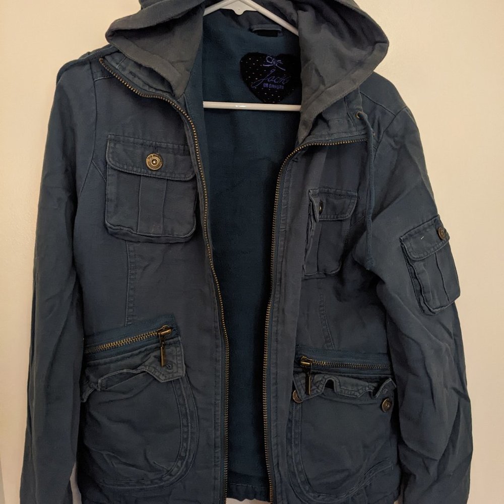Blue canvas coat with knit hood